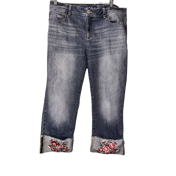 INC Womens Straight-Leg Embroidered Cuffed Jeans Regular Fit Blue Denim With Flo - Picture 2 of 8